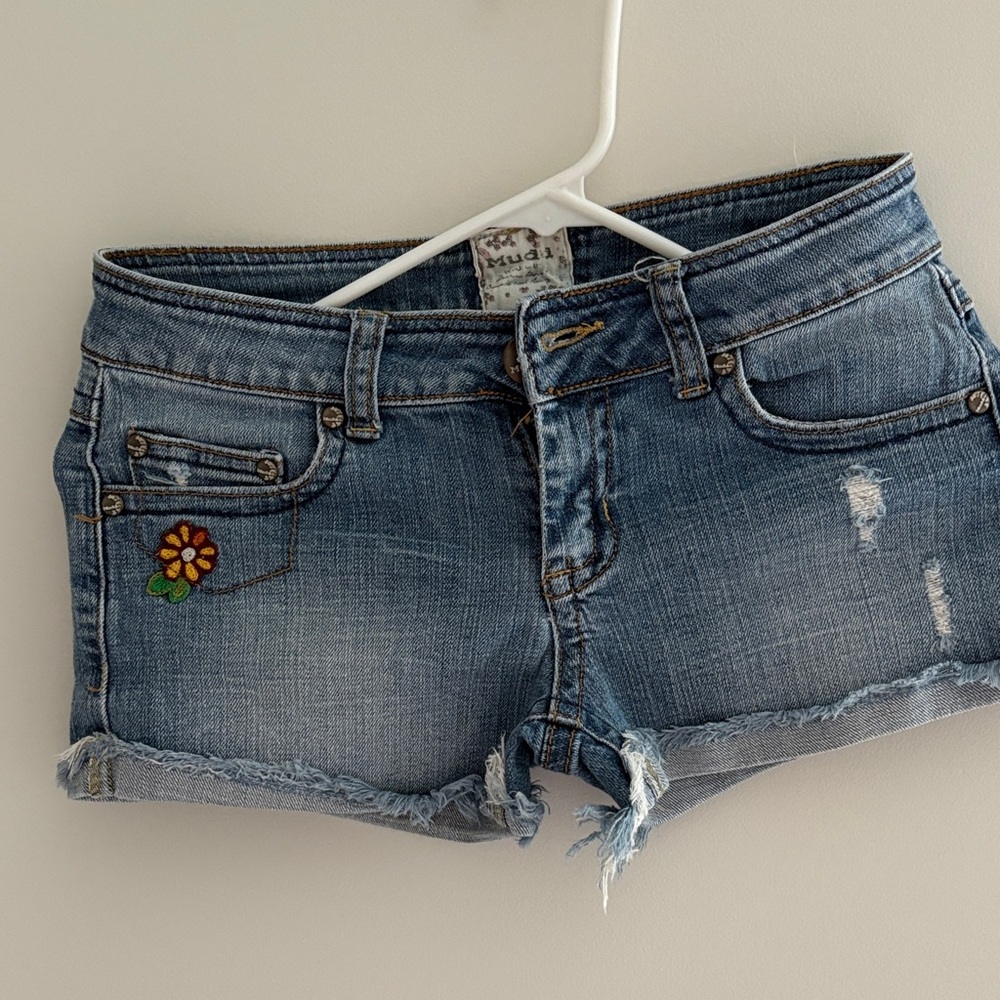 Mudd Blue Denim Shorts with Floral Embroidery
